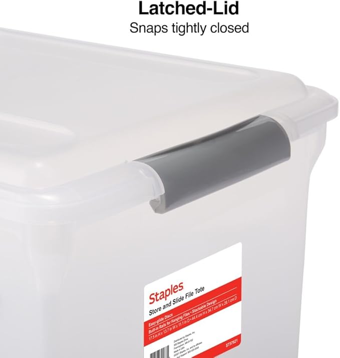 STAPLES Store & Slide Plastic File Box Latching, Letter/Legal Size, Clear, 4/Carton