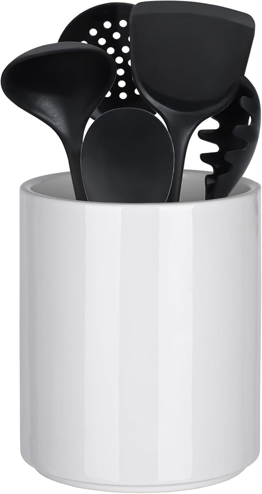 Utensil Holder Kitchen Utensil Holder for Countertop, Ceramic Cooking Utensil Holder for Kitchen Counter, Large Modern Spatula Holder Utensil Organizer Kitchen Decor, 6.5”H x 5.5”D White