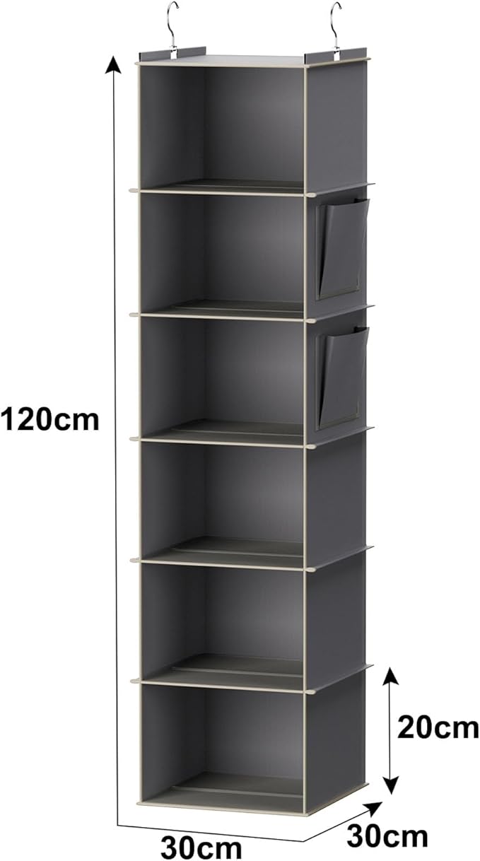 YOUDENOVA Hanging Closet Organizer and Storage, 6-Shelf Closet Hanging Storage Shelves, Grey