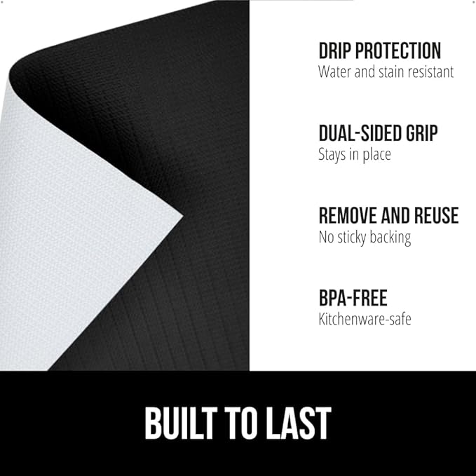 GORILLA GRIP DripGuard Shelf Liner, Non-Adhesive Drawer and Kitchen Cabinet Protector, Strong Grip Slip Resistant Underside, Smooth Surface Liners for Cabinets, Bathroom Closets, 17.5x120 Inch, Black
