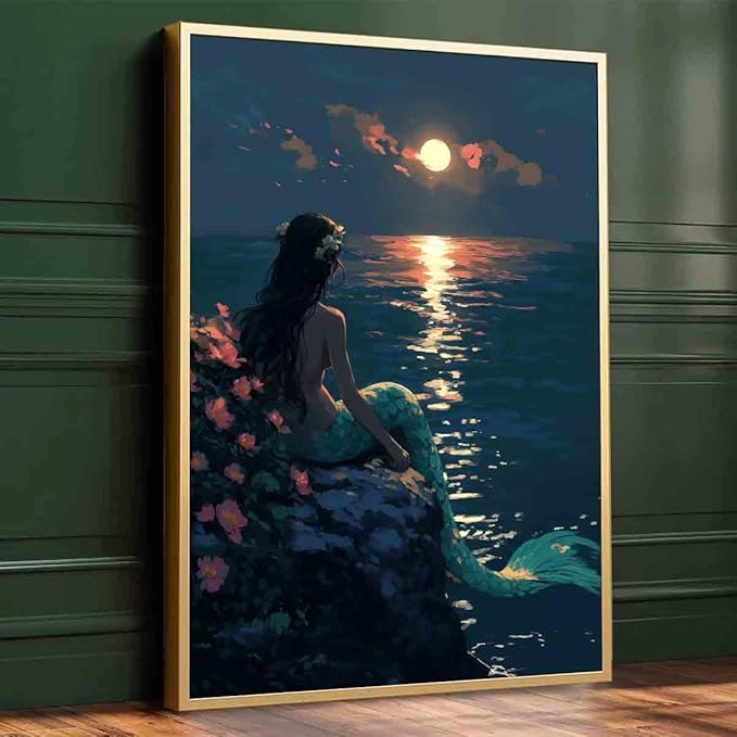Mermaid Wall Art Vintage Women Pictures Vintage Ocean Poster Classical Female Poster Golden Sun Canvas Ocean Coastal Prints Vintage Woman Picture Victorian Female Painting Decor 16x24inch No Frame