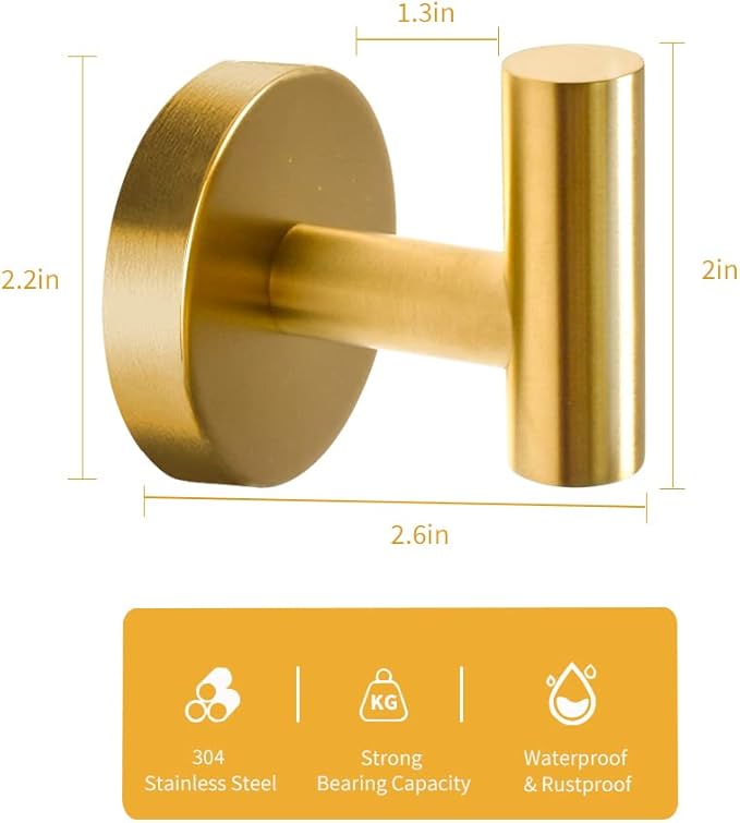 Vuzvuv 2-Pack Gold Wall-Mounted Towel Hooks, SUS304 Stainless Steel Waterproof Coat Robe Holder, Heavy Duty Hooks for Bathroom, Kitchen, Hotel (Drilling)