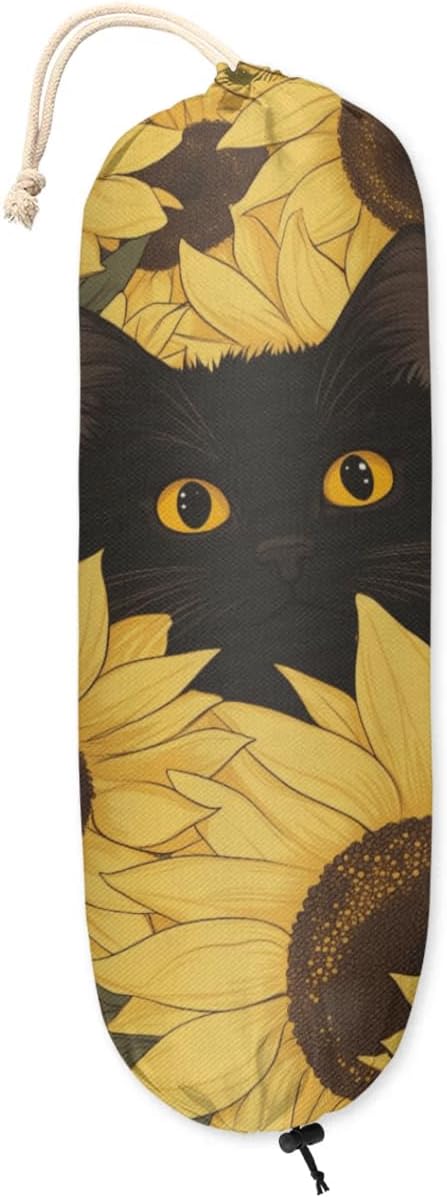 Sabokido Animal Cat Plastic Bag Holder Yellow Sunflower Grocery Bag Storage Dispenser Washable Hanging Shopping Bags Carrier Reusable Wall Mount Trash Bag Organizer for Kitchen Pantry