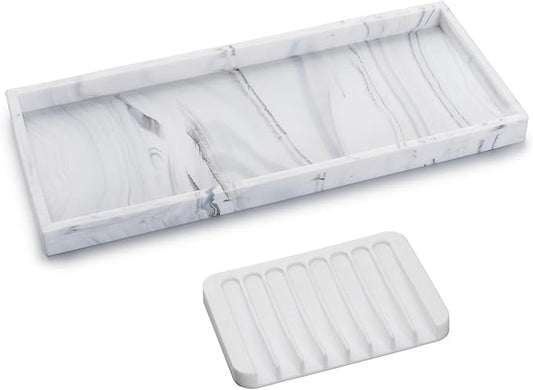 Bloss Counter Marble Tray and Soap Holder - 15.7" Silicone Bathroom Vanity Trays for Kitchen Counter, Toilet Tank Tray, Great Storage Trays for Perfume, Jewelry,Candle, Key