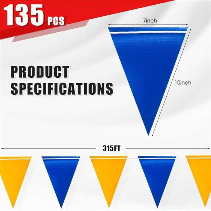 Safety Warning Pennant Banner Flags – Multipurpose 315FT OSHA High Visibility Colored Triangle Flags for Outdoor, Party, Roadwork, and Hazard Areas (BLUE+YELLOW, 135pcs, 315FT)