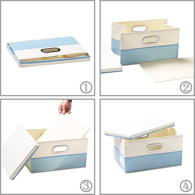 PRANDOM Collapsible Storage Bin with Lid [3-Pack] Fabric Foldable Storage Box Organizer Container Basket Cube with Cover for Home Bedroom Closet Office Nursery Blue&Cream (14.9x9.8x9.8)
