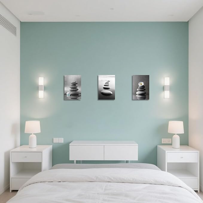 CCWORKERRY 3PCS Zen Stones Canvas Wall Art Black and White Zen Stone Painting Calming Meditation Wall Decor for Yoga Studio Office Spa Bathroom (gray,12W x16L x3)