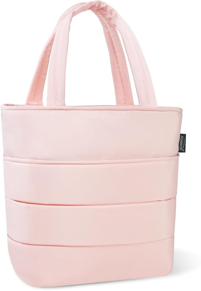 Aosbos Quilted Lunch Bag - Leakproof Puffer Insulated Tote, Lunch Box for Women, Work, Office, Picnic, Pink