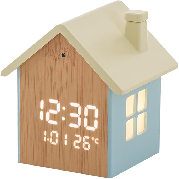 FLAITO Mood Home LED Table Clock – House-Shaped Night Light Alarm Clock with Auto-Dimming, Snooze, Date & Temperature Display – White & Maple Options, USB-C Cable Included (Maple)