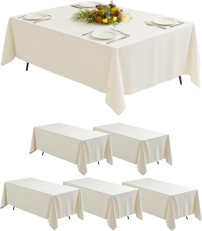 Goodluck 6 Pack Ivory Tablecloth 90 x 132 Inch – Rectangular Polyester Table Cloth, 6-8 Ft Tables – Reusable, Machine Washable Cover for Wedding, Birthday, Party Banquet and Event Decoration