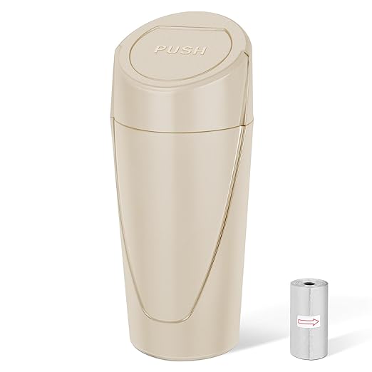 Kincown Car Trash Can, Mini Car Trash Bin with Lid, Leakproof Cup Holder Car Garbage Can with 20 Trash Bags, Vehicle Front Back Seat Organizers and Storage for Car, Home, Office, Beige