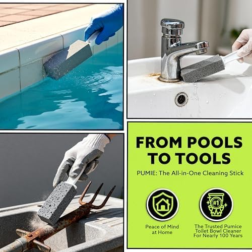 PUMIE Pumice Stone Toilet Bowl Cleaner (4-Pack) - Toilet Pumice Stone with Handle - Heavy Duty Scouring Stick for Rings, Bowls, Hard Water Stains, Lime, Rust, Sink - Includes Handle for Easy Use