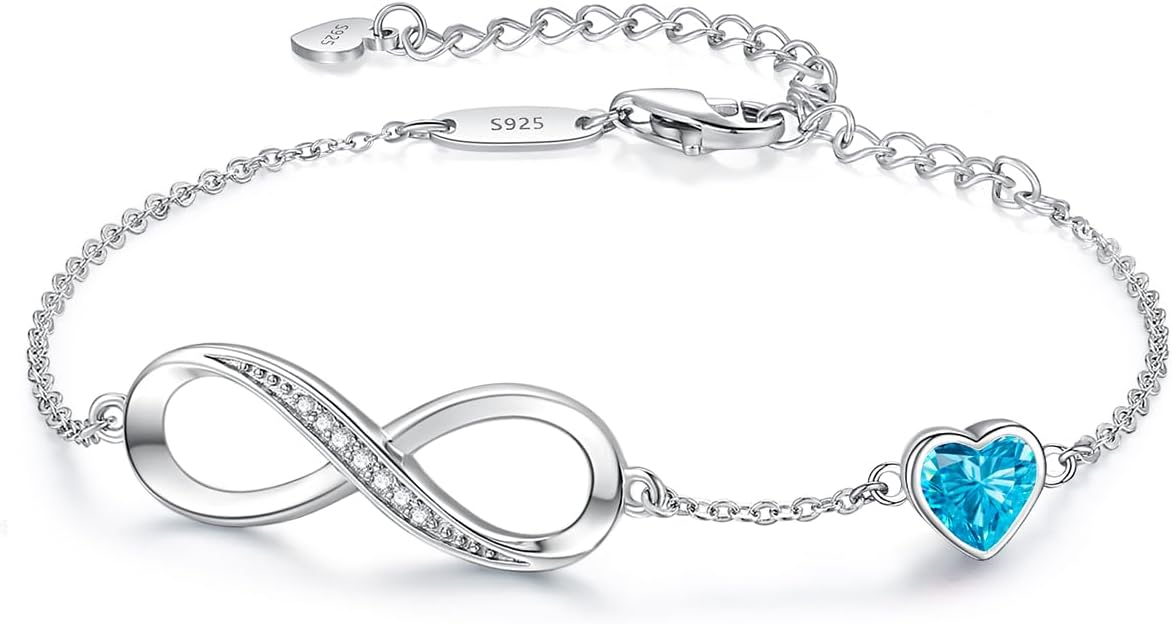 CDE Infinity Heart Birthstone Charm Link Bracelet for Women 925 Sterling Silver Adjustable Mother's Day Gift Anniversary Birthday Jewelry for Wife Girlfriend Her
