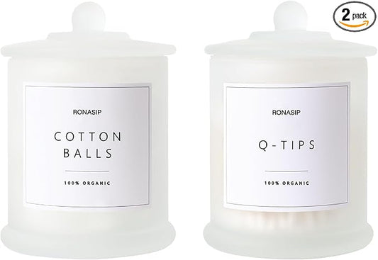 Qtip Holder & Cotton Pad Dispenser, Bathroom Organizer and Storage Canisters, 16oz Glass Apothecary Jars for Kitchen, Restroom - Home Decor, Room Decor Aesthetic (2 Pack, Frosted White)