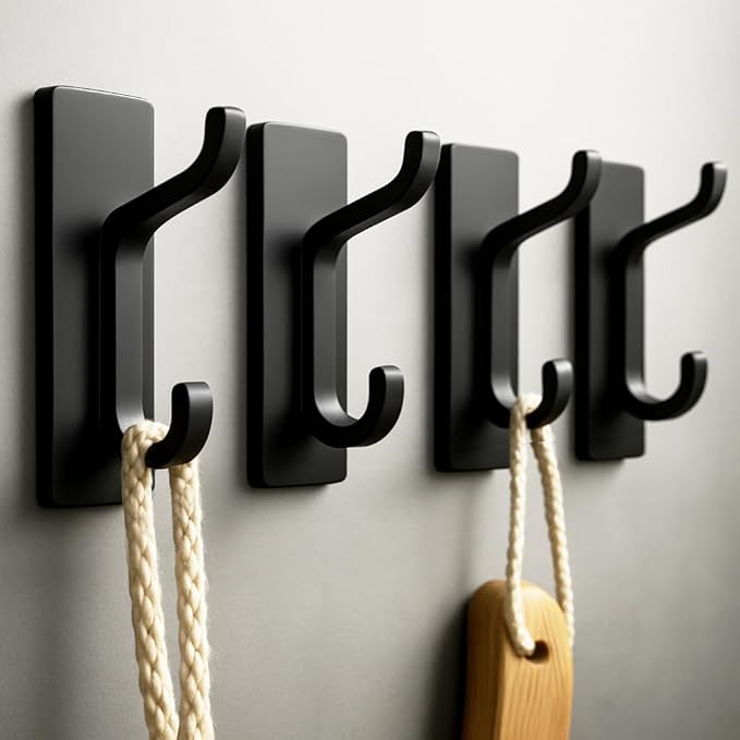 Self Adhesive Wall Hooks for Hanging: Extra Strong 13 LB, Hook for Coat, Towel in Bathrooms, Shower, Kitchen, Wall, Door Hook, Black 4 Pack