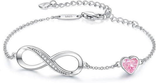 CDE Infinity Heart Birthstone Charm Link Bracelet for Women 925 Sterling Silver Adjustable Mother's Day Gift Anniversary Birthday Jewelry for Wife Girlfriend Her