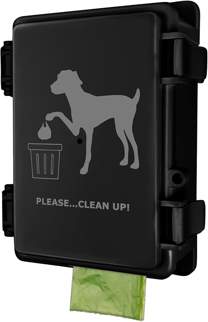 Dog Poop Bag Dispenser Wall Mounted Waterproof Outdoor Pet Waste Bags Dispenser Station with Cute Doggie Poo Images Post, Pole, Fence Mountable fits Home, Porch, Patio, Yard (Black, Dispenser Only)