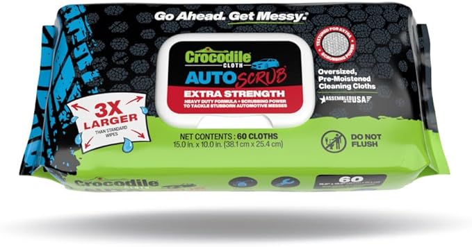 Crocodile Cloth AutoSCRUB Cleaning Wipes – 60-Count (15” x 10”) Cleaning Cloths Remove Oil, Grease, Paint, Tar, Brake Dust, Hydraulic Fluid, Silicone, Sealants & Road Grime from Tools & Hands