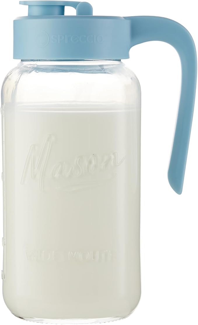 Mason Jar Pitcher - Airtight & Leakproof Glass Pitcher with Lid, Perfect for Breastmilk, Cold Brew, and Sun Tea, 2 Quart (64 oz) Mason Jar with Pour Spout Lid