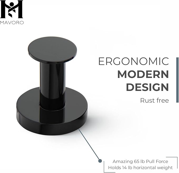 Mavoro Strong Magnetic Hooks for Hanging Coats and Bags. Set of 4 Black Magnet Hooks Heavy Duty Magnets, Neodymium 52 Rare Earth Magnets. Push Pin Style Magnet Hook for Refrigerator, Locker etc