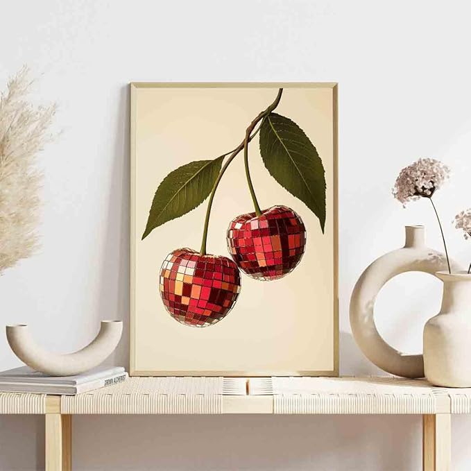 Disco Cherry Wall Art Disco Ball Picture Cherry Preppy Print Trendy Aesthetic Wall Art Preppy Aesthetic Pictures Red Picture Ball Funny Poster Dorm Girls Room Party Theme Bar Decor 16x24inch No Frame