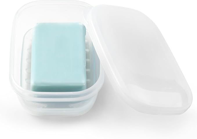 Quatish Leakproof Soap Dish with Lid & Draining Layer, Shatterproof Travel Bar Soap Holder Case Container, Portable Travel Size Toiletries Essentials for Camping, Gym, Bathroom, Clear