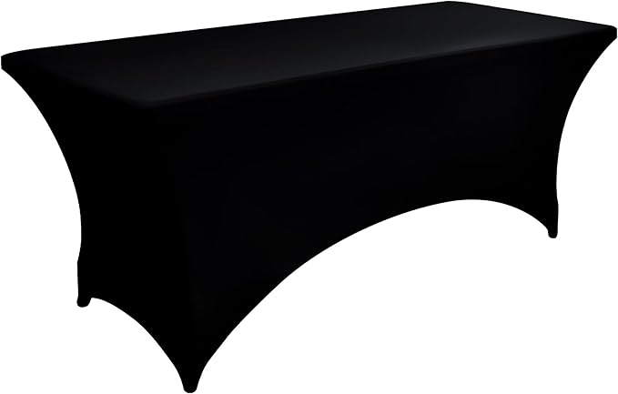 ZarzaaSik 6-Pack 8ft Black Spandex Table Covers for Rectangle Folding Tables - Washable Elastic Tablecloth - Ultimate Fitted Table Protector for Birthday Parties, Trade Shows, Banquet