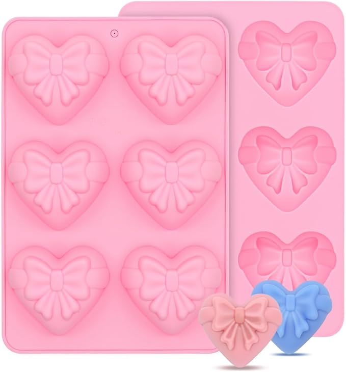 SJ Heart&Bow Shaped Silicone Mold 2 Packs, Soap Molds for Soap Making, 6 Cavities Heart Silicone Mold for Chocolate Cake Jelly Pudding Handmade Soap Mould Candy Making Ice Cube Trays Set of 2 -Pink