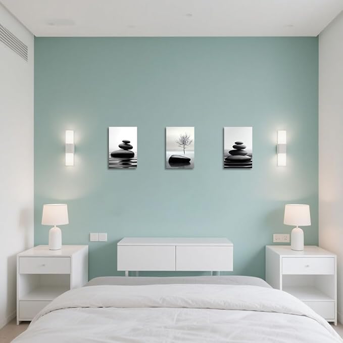 CCWORKERRY 3PCS Zen Stones Canvas Wall Art Black and White Zen Stone Painting Calming Meditation Wall Decor for Yoga Studio Office Spa Bathroom (white,16W x24L x3)