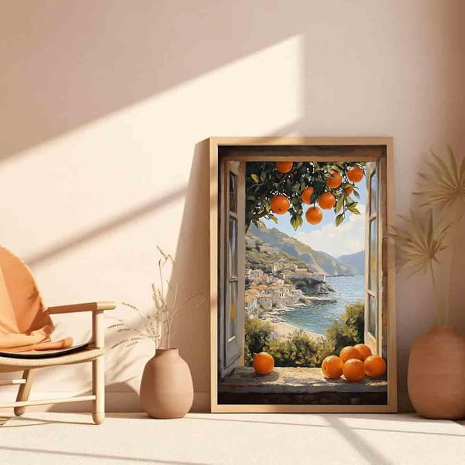 Mediterranean Coastal Wall Art Coastal Landscape Prints Vintage Citrus Wall Art Open Window Poster Still Life Fruit Painting Farmhouse Country Pictures Fruit Living Room Decor 16x24inch No Frame