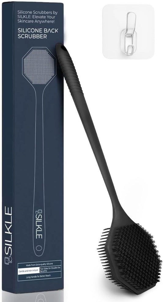 Silicone Back Scrubber with Long Handle - Octagon Body Brush for Shower, Bath, and Exfoliating - Skin Cleansing, Back Scrub and Gentle Silicone Sponge - Wash Your Body with Easy Reach - Black