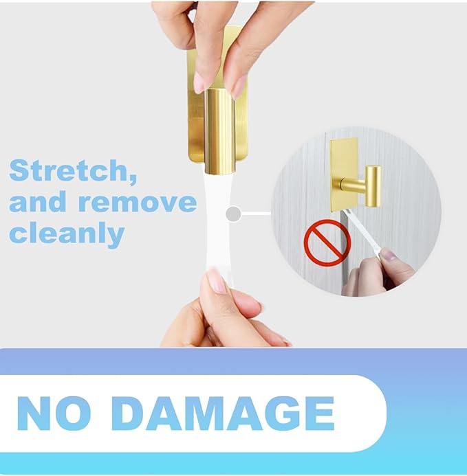 4 Pcs Towel Hooks Heavy Duty for Hanging, Adhesive Wall Hooks with Removable Strips, Sticky No Damage, Outdoor for Bathrooms, Shower, Stockings, Decor, Robe, Large, Gold 304 Stainless Steel