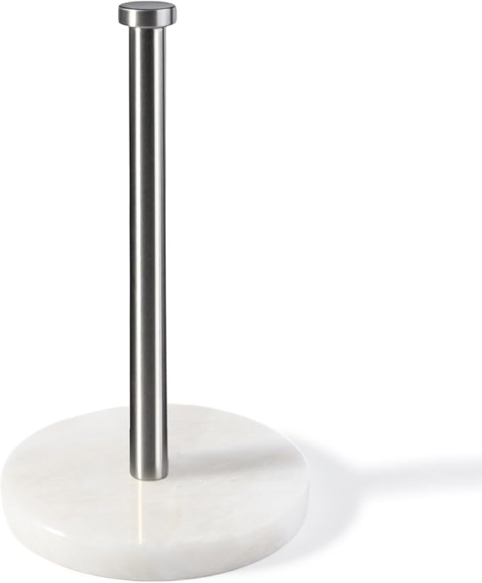 Koville African Genuine Marble Paper Towel Holder Countertop, 6" Stone Base Silver Rod Paper Towel Holder Stand for Kitchen Storage, for Standard or Jumbo-Sized Rolls