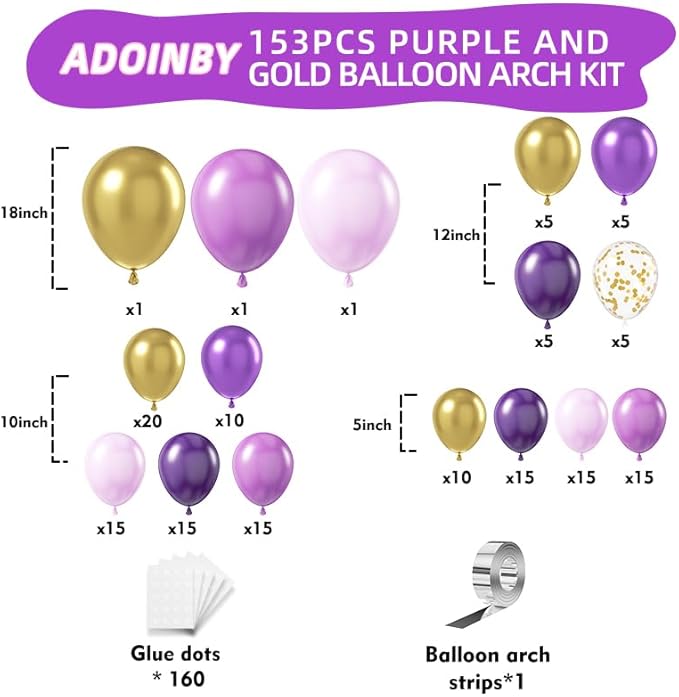 Purple Balloon Arch Kit, ADOINBY 153Pcs Different Sizes inch Lavender Metallic Purple and Gold Balloons and Confetti Party Balloon Garland Kit for Women Birthday Baby Shower Wedding Party Decorations