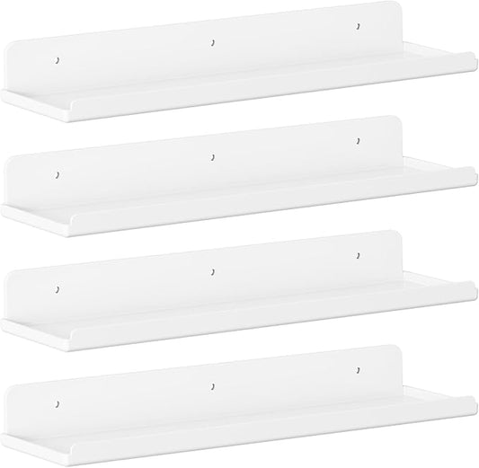 Lifewit Floating Shelves for Bathroom, Acrylic Display Shelf Wall Mounted for Makeup, Skincare, Nail Polish, Book, 14" Perfume Organizer for Bedroom, Living Room, Nursery, Home Decor, White, 4 Pack