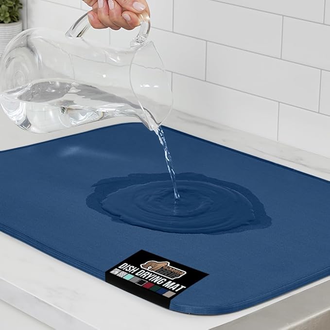 GORILLA GRIP Ultra Water Absorbent Microfiber Dish Drying Mat, 18x24, Quick Dry Thick Mesh, Slip Resistant Pad for Sink Dishes or Under Rack, Kitchen Counter Accessories, Machine Wash, Blue