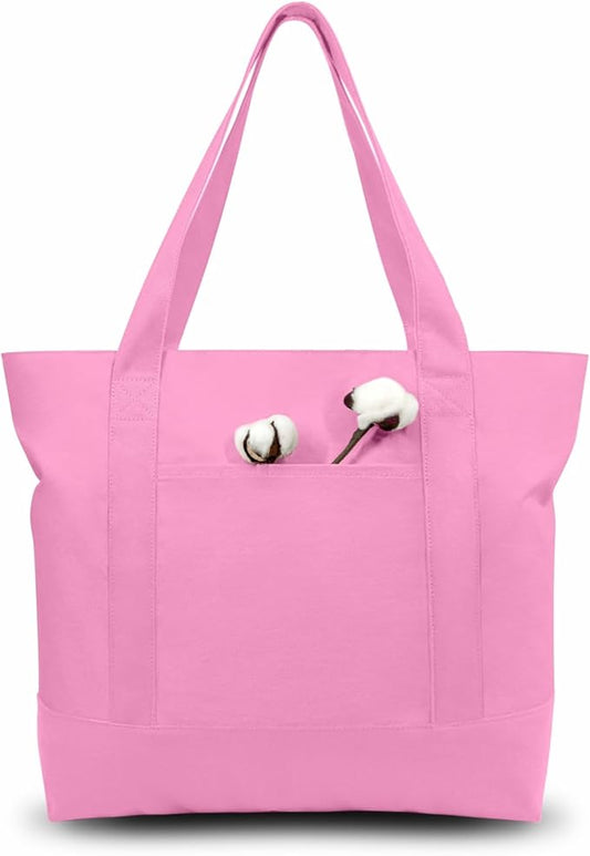 TOPDesign 3-Pack Canvas Tote Bags with an External Pocket, Reusable Grocery Shopping Bags, Top Zipper Closure, Daily Essentials (Pink)