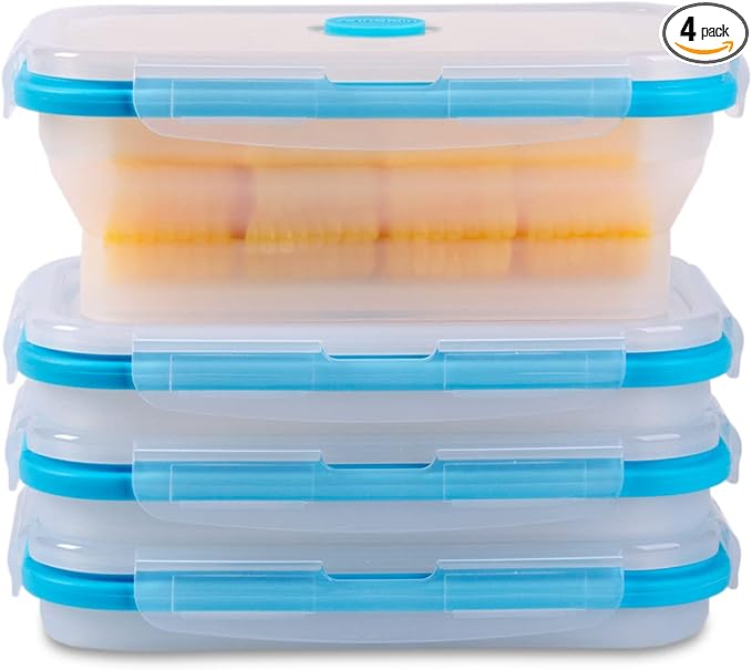 Collapsible Food Storage Containers with Airtight Lid & Vent, 27oz, Kitchen Stacking Silicone Collapsible Meal Prep Container Set for Leftovers, Microwave Freezer Dishwasher Safe, Translucent, Set of 4