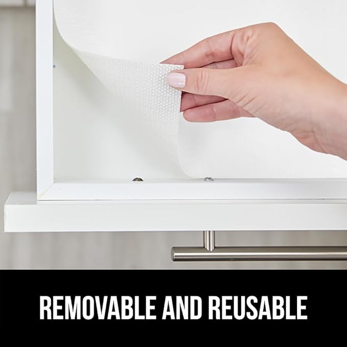 GORILLA GRIP DripGuard Shelf Liner, Non-Adhesive Drawer and Kitchen Cabinet Protector, Strong Grip Slip Resistant Underside, Smooth Surface Liners for Cabinets, Bathroom Closets, 17.5x120 Inch, White