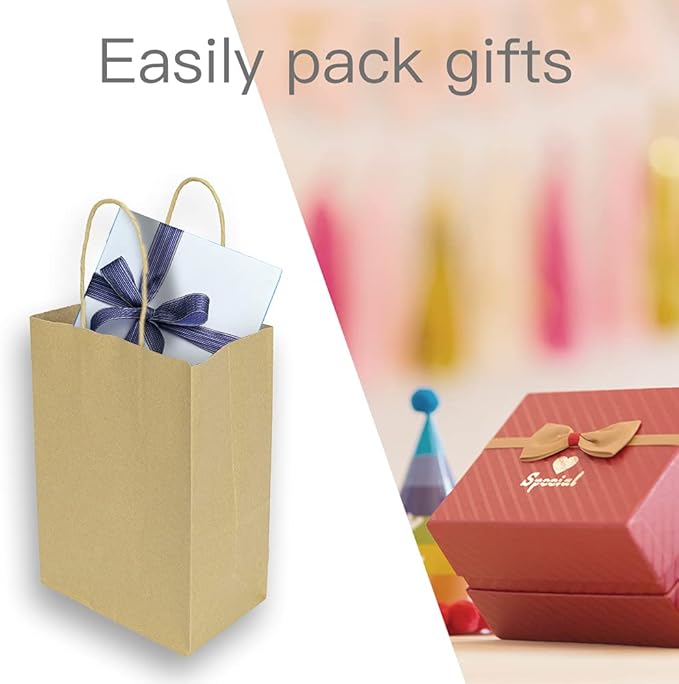 bagmad 100 Pack 5.25x3.25x8 Inch Brown Small Paper Bags with Handles Bulk, Gift Paper Bags, Kraft Birthday Party Favors Grocery Retail Shopping Takeouts Business Craft Sacks (Plain Natural 100pcs)
