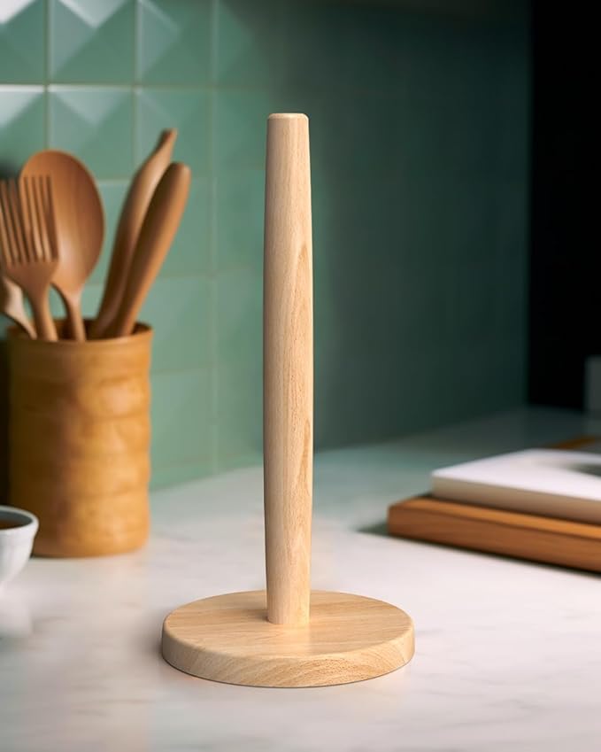 KitchLife Wooden Paper Towel Holder Countertop, Fits Jumbo Roll - Solid Beechwood Paper Towel Dispenser Stand with Wide Anti-Skid Base