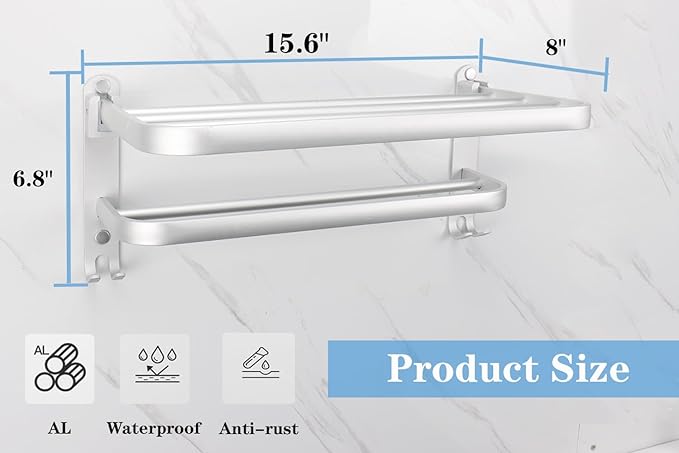 Towel Rack for Bathroom, Bath Towel Holder with Double Towel Bar and Fold-able Towel Shelf, Rustproof Towel Organizer Wall Mounted Towel Storage Hanger for Bath/Balcony/Lavatory(16In Sliver)