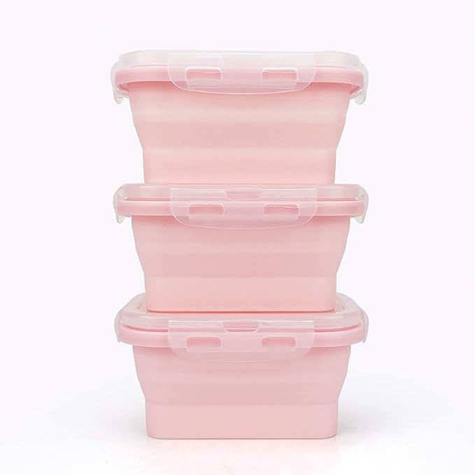 CCyanzi 3-piece Collapsible Food Storage Containers with Lids, Silicone Lunch Container, Microwave & Freezer Safe, Space-Saving for Kitchen Cabinet and Camping Backpack (Pink)