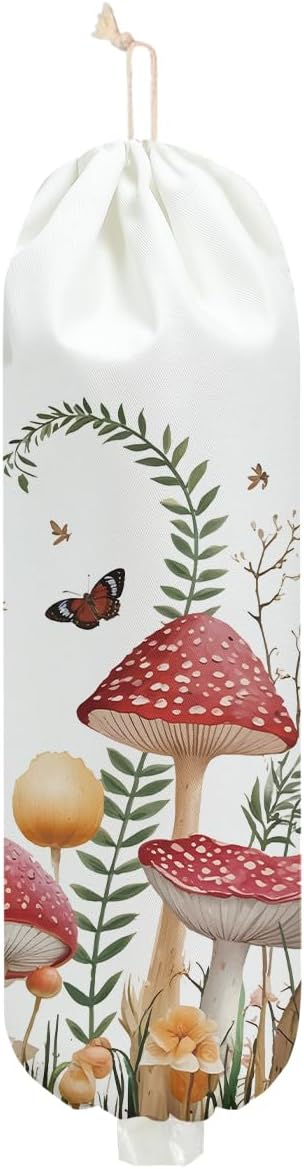 Mushroom Plastic Bag Holder, Wall Mount Plastic Holders for Grocery Bags, Butterfly Large Waterproof Grocery Bag Storage Dispenser for Home Kitchen Pantry Decor, Cute Mushroom Gifts for Women Mom