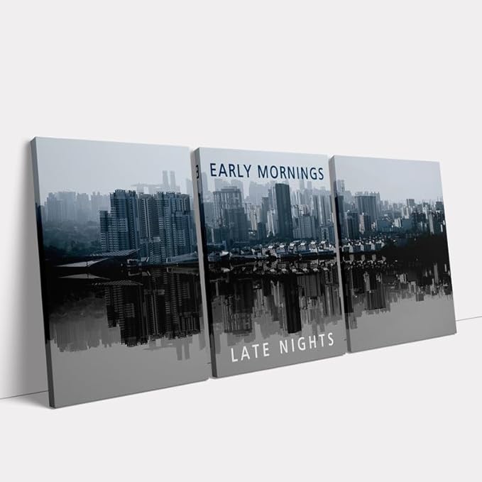 KAWAHONE Inspirational Wall Art -Motivational Quote Black and White Wall Art-City Night Scenes Modern Cityscape Building Artwork Decor for Home Office Bathroom Bedroom Kitchen Classroom Gym