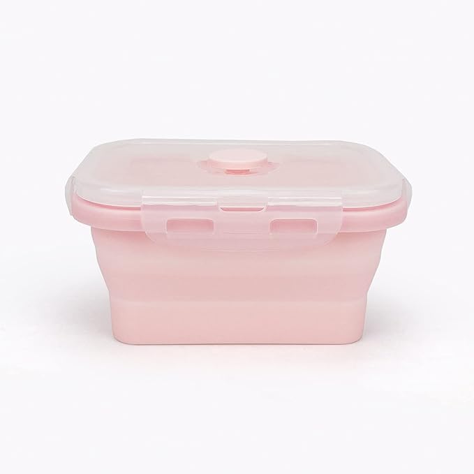 CCyanzi 3-piece Collapsible Food Storage Containers with Lids, Silicone Lunch Container, Microwave & Freezer Safe, Space-Saving for Kitchen Cabinet and Camping Backpack (Pink)
