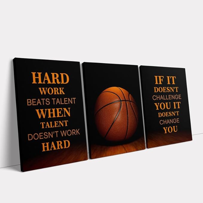 KAWAHONE-3 Pieces Basketball Motivational Work Hard Canvas Wall Art, Inspirational Quotes Pictures Wall Decor, Basketball Sports Poster Black and White Positive Poster Framed Motivation Gift for Entrepreneur Men Women Painting Artwork for Home Office