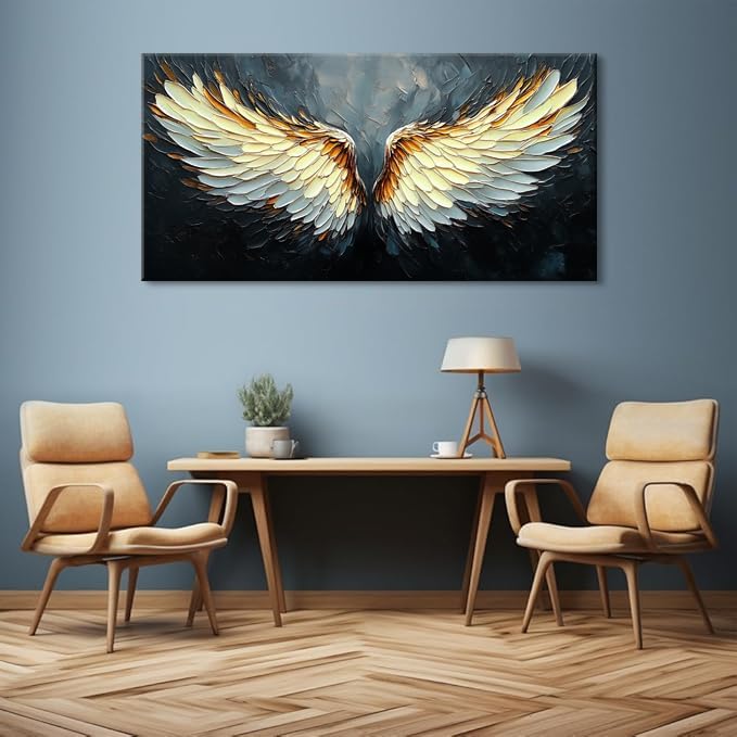 ZESTRILIA Angel Wings Wall Art for Girls Room Gold Gray Canvas Oil Painting Prints Modern Abstract Fantasy Anime Artwork Living Bedroom Office Decor Extra Large (58x28 Inches)