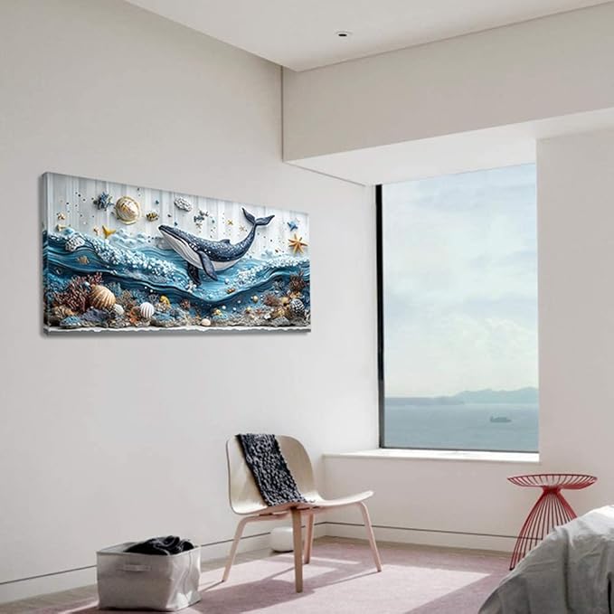 ZESTRILIA Ocean Whale Wall Art for Kids Room Navy Blue Marine Organism Underwater World under the Sea Canvas Painting Prints Artwork Family Living Bedroom Decor Extra Large (58x28 Inches)