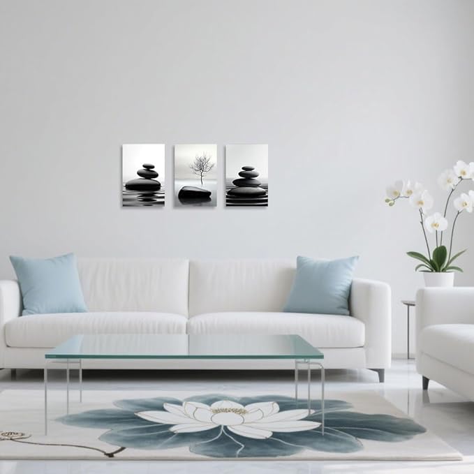 CCWORKERRY 3PCS Zen Stones Canvas Wall Art Black and White Zen Stone Painting Calming Meditation Wall Decor for Yoga Studio Office Spa Bathroom (white,24W x36L x3)